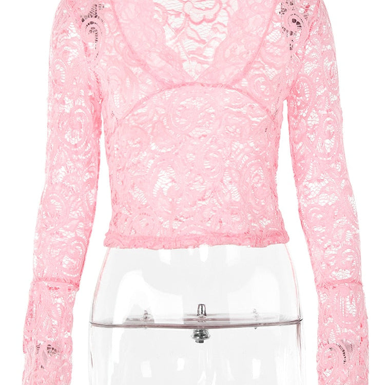 JULISSA MO See Through V-neck Long Sleeve Lace Skinny Tops Outfits Women 2024 Summer Party Club T-Shirts Tees Club Party Clothes Pink