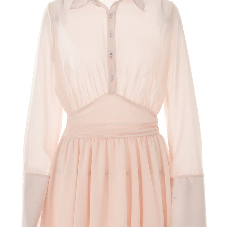 JULISSA MO Sexy Women Chiffon Turndown Collar White Ruched Mini Dress Chic Single Breasted Longsleeve Slim Fall Dresses 2024 pink