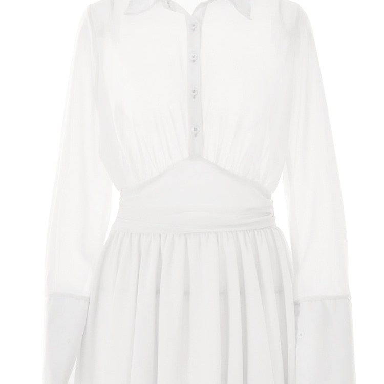 JULISSA MO Sexy Women Chiffon Turndown Collar White Ruched Mini Dress Chic Single Breasted Longsleeve Slim Fall Dresses 2024