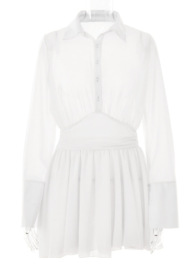 JULISSA MO Sexy Women Chiffon Turndown Collar White Ruched Mini Dress Chic Single Breasted Longsleeve Slim Fall Dresses 2024