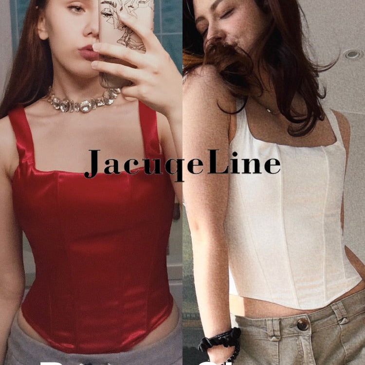 Jacqueline 2024 White Backless Bandage Corset Tops Women Sexy Square Neck Satin Bustier Tank Crop Top Elegant Party y2k Clothes
