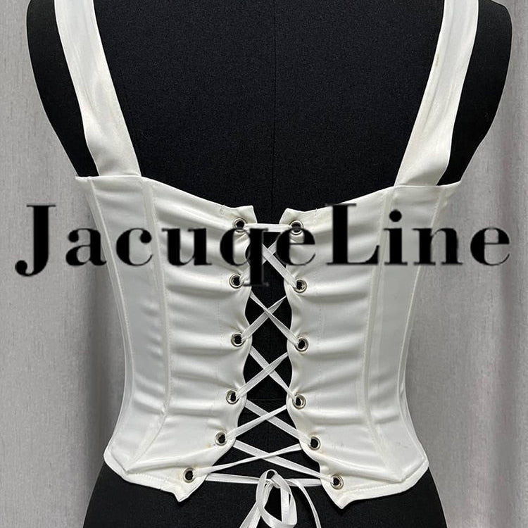 Jacqueline 2024 White Backless Bandage Corset Tops Women Sexy Square Neck Satin Bustier Tank Crop Top Elegant Party y2k Clothes