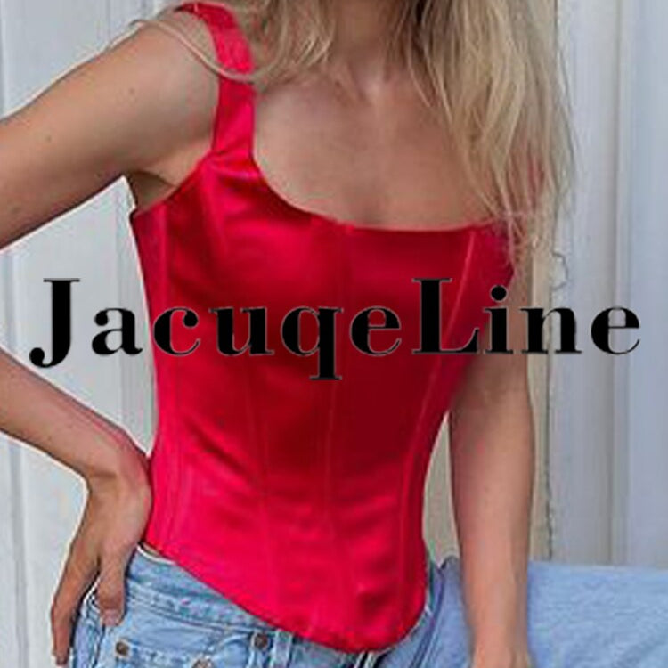 Jacqueline 2024 White Backless Bandage Corset Tops Women Sexy Square Neck Satin Bustier Tank Crop Top Elegant Party y2k Clothes Red