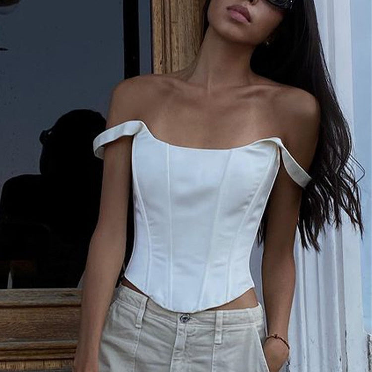 Jacqueline 2024 White Backless Bandage Corset Tops Women Sexy Square Neck Satin Bustier Tank Crop Top Elegant Party y2k Clothes
