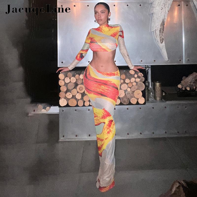 Jacuqeline Sexy Mesh See Through Print Dress Sets Club Party Clothing Long Sleeve Crop Tops and Low Waist Long Skirt Sets 2024
