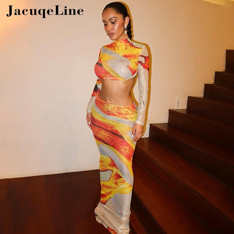 Jacuqeline Sexy Mesh See Through Print Dress Sets Club Party Clothing Long Sleeve Crop Tops and Low Waist Long Skirt Sets 2024