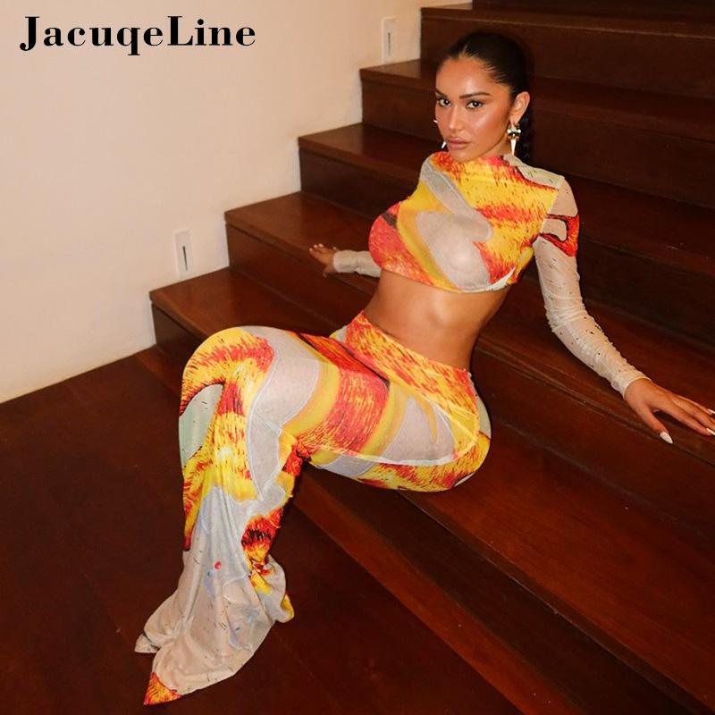 Jacuqeline Sexy Mesh See Through Print Dress Sets Club Party Clothing Long Sleeve Crop Tops and Low Waist Long Skirt Sets 2024
