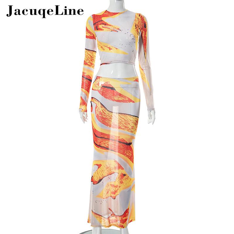 Jacuqeline Sexy Mesh See Through Print Dress Sets Club Party Clothing Long Sleeve Crop Tops and Low Waist Long Skirt Sets 2024
