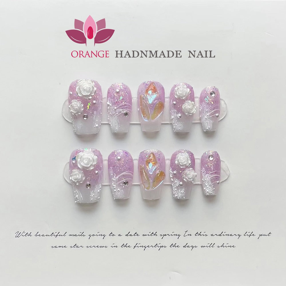 Japanese Fake Press on Nails With Design Pure Handwork Wearable Ballerina Nail Tips Artificial Korean Nail Supplies