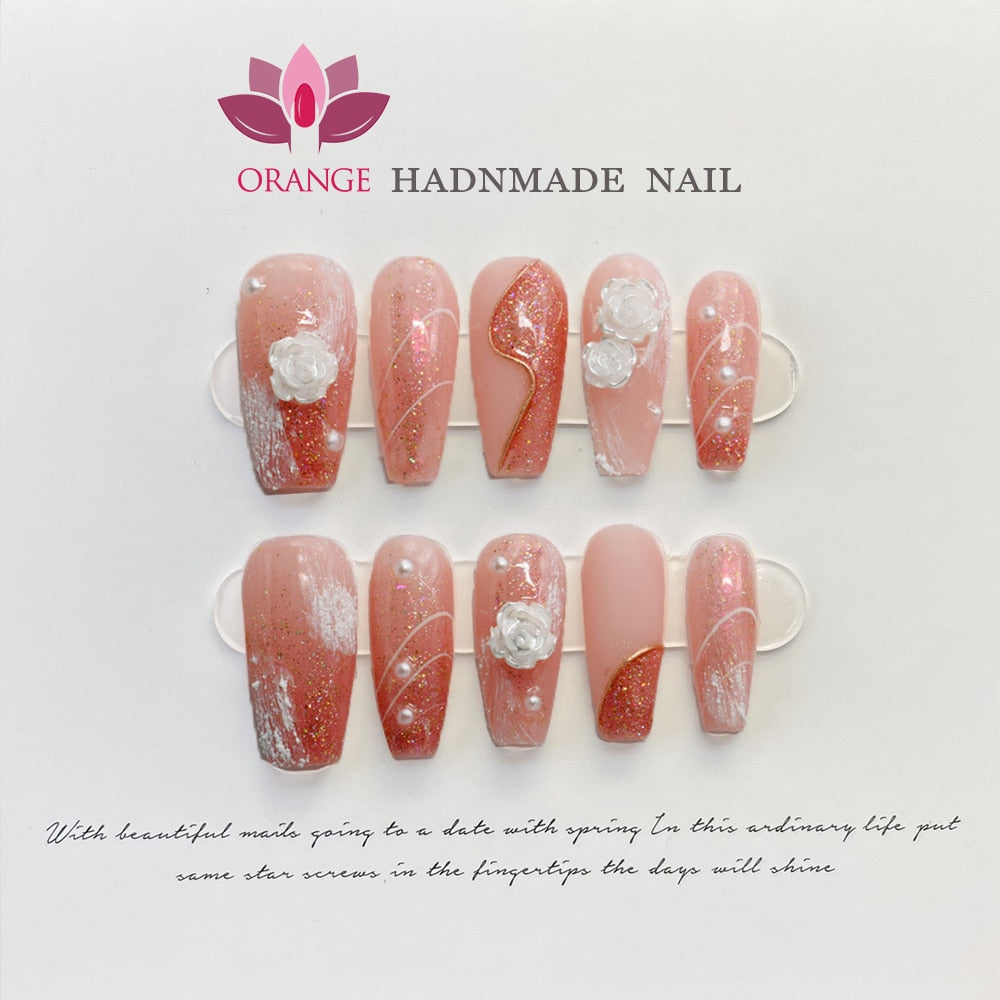 Japanese Fake Press on Nails With Design Pure Handwork Wearable Ballerina Nail Tips Artificial Korean Nail Supplies