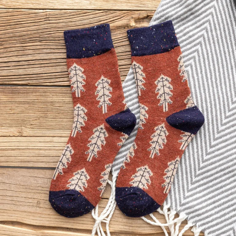 Japanese Style Autumn Winter Women Wool Socks Clay-colored Chiffon Ladies Warm Socks with Christmas Tree Thickened 134 orange red One Size