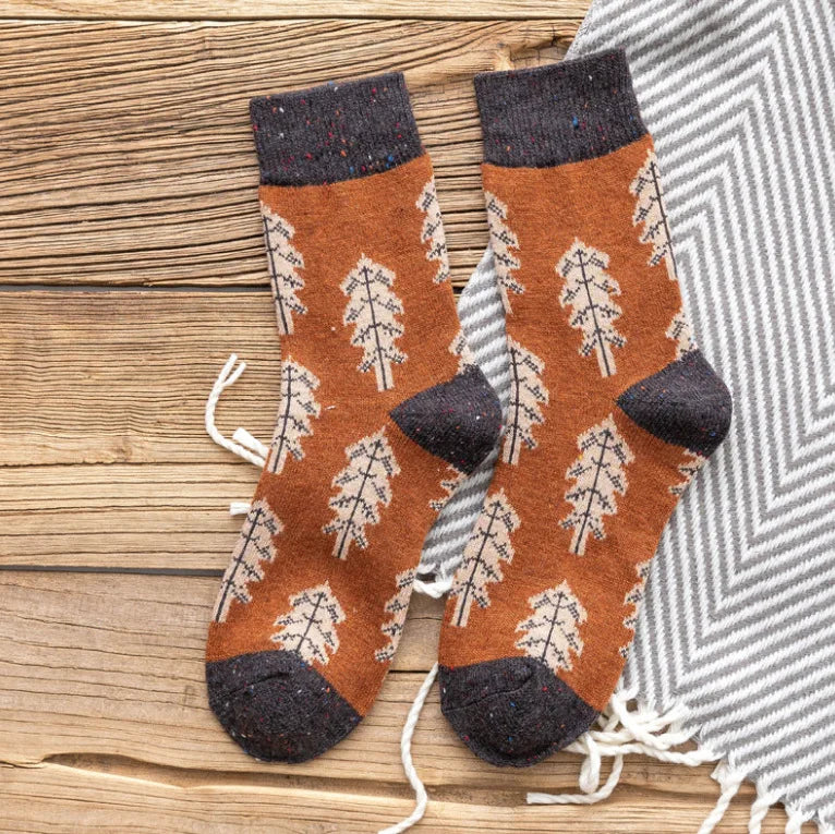 Japanese Style Autumn Winter Women Wool Socks Clay-colored Chiffon Ladies Warm Socks with Christmas Tree Thickened 134 Orange yelow One Size