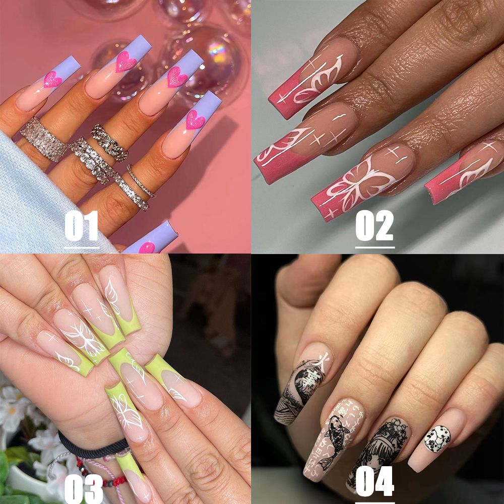 Japanese Style Black Graffiti False Nails Detachable Long Coffin Ballet Fake Nails Full Cover Nail Tips Press on Nails 24Pcs