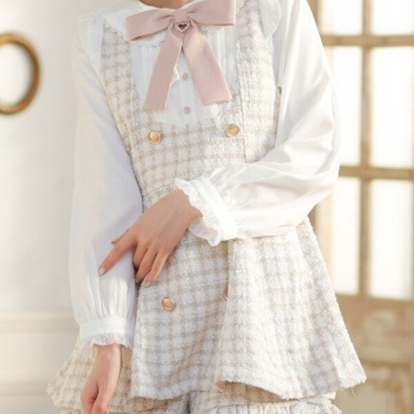 Japanese Style Cute Sweet Shorts Suit 2024 Spring and Autumn Lace Up Bow Neck Plaid Coat Suit Girl and Short Pants 2 Piece Sets