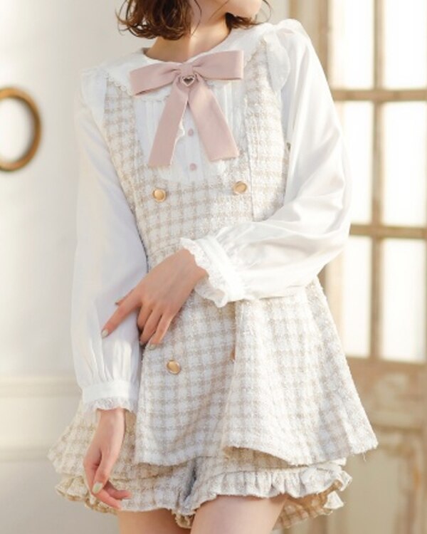 Japanese Style Cute Sweet Shorts Suit 2024 Spring and Autumn Lace Up Bow Neck Plaid Coat Suit Girl and Short Pants 2 Piece Sets