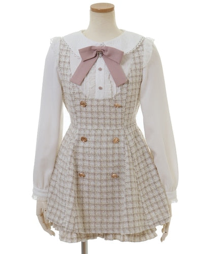 Japanese Style Cute Sweet Shorts Suit 2024 Spring and Autumn Lace Up Bow Neck Plaid Coat Suit Girl and Short Pants 2 Piece Sets APRICOT One Size