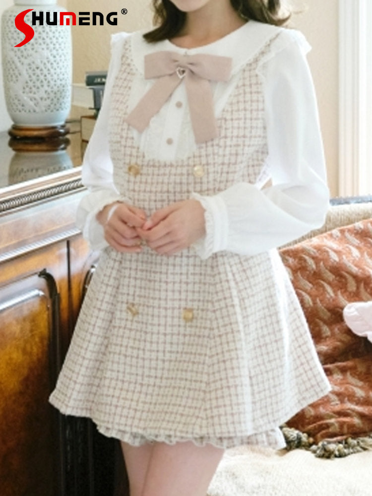 Japanese Style Cute Sweet Shorts Suit 2024 Spring and Autumn Lace Up Bow Neck Plaid Coat Suit Girl and Short Pants 2 Piece Sets