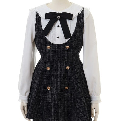 Japanese Style Cute Sweet Shorts Suit 2024 Spring and Autumn Lace Up Bow Neck Plaid Coat Suit Girl and Short Pants 2 Piece Sets Black One Size