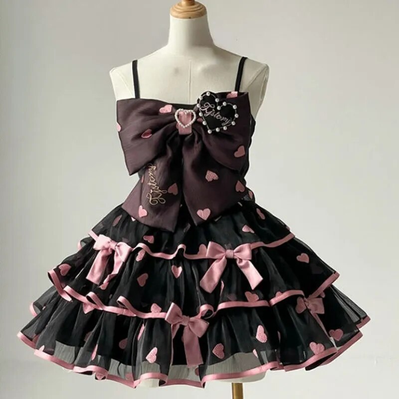 Japanese Victorian Lolita Dresses Women Gothic Cute Lace Bow Y2k Tank Tops Tiered Love Cake Skirt Suit Kawaii Sweet Lolita Sets Black and Pink suit