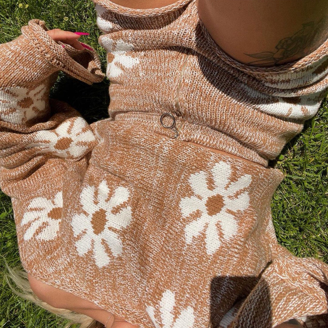 Jastie 3 Colors 2024 Winter Autumn Women's Sweater Sets Daisy Floral Knitted Loungewear Loose Pullover Tops Short Pants