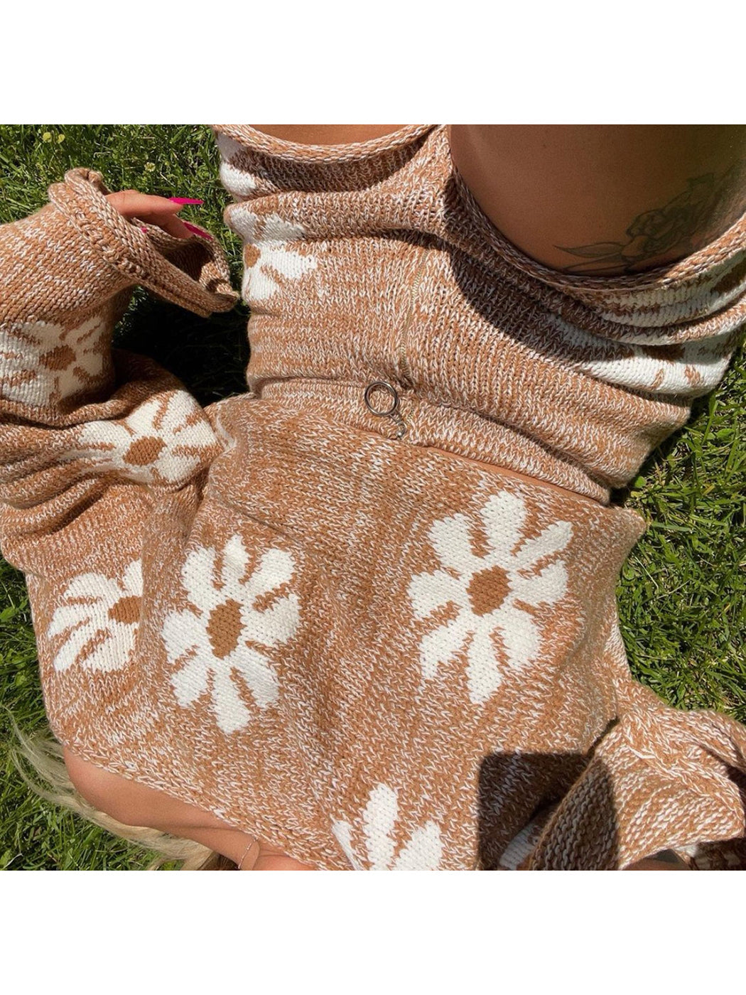 Jastie 3 Colors 2024 Winter Autumn Women's Sweater Sets Daisy Floral Knitted Loungewear Loose Pullover Tops Short Pants