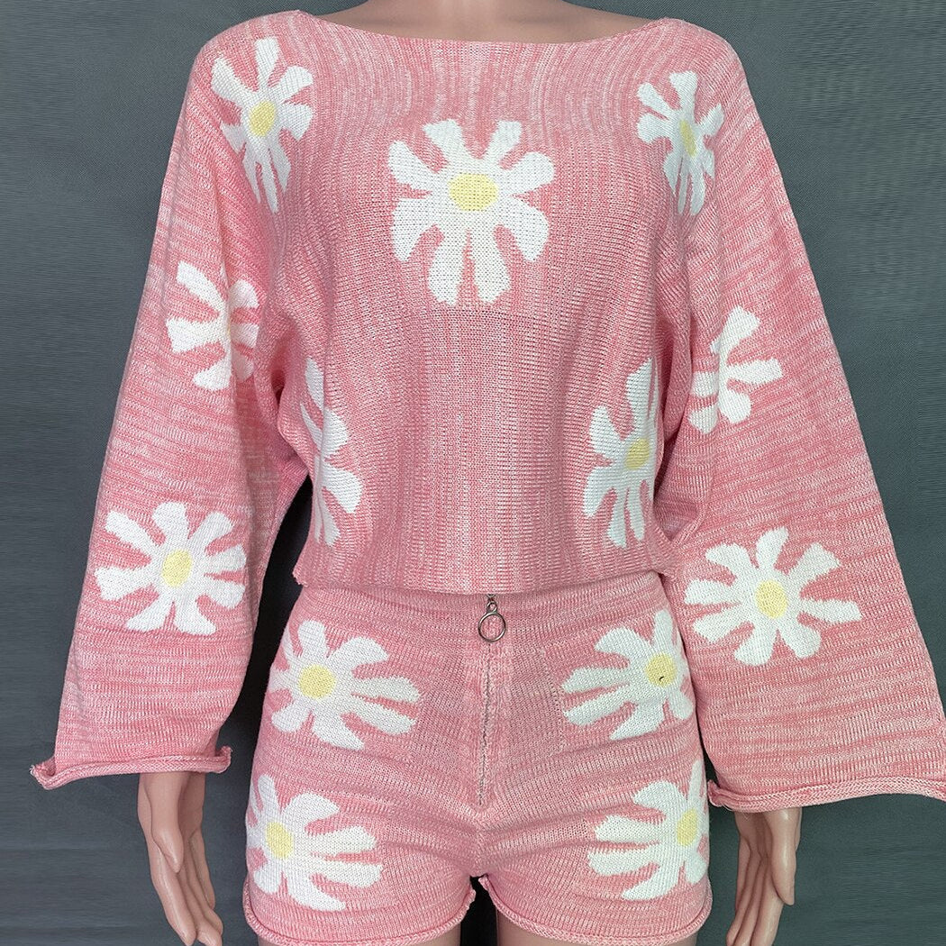 Jastie 3 Colors 2024 Winter Autumn Women's Sweater Sets Daisy Floral Knitted Loungewear Loose Pullover Tops Short Pants Pink