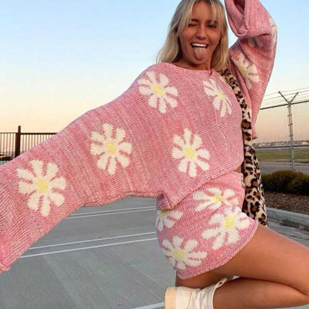 Jastie 3 Colors 2024 Winter Autumn Women's Sweater Sets Daisy Floral Knitted Loungewear Loose Pullover Tops Short Pants