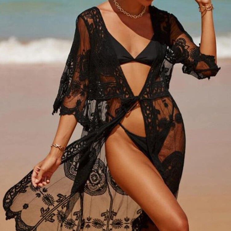 Jastie Bohemian Sexy Beach Bikini Cover Up Tunic Pareo Crochet Lace Women 2022 Summer Holiday Swimwear Sunscreen Cardigan Tops