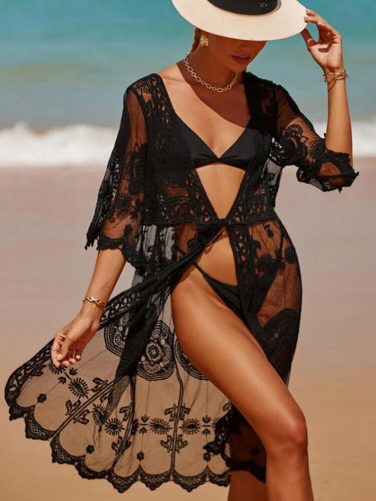 Jastie Bohemian Sexy Beach Bikini Cover Up Tunic Pareo Crochet Lace Women 2022 Summer Holiday Swimwear Sunscreen Cardigan Tops