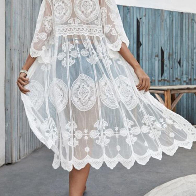 Jastie Bohemian Sexy Beach Bikini Cover Up Tunic Pareo Crochet Lace Women 2022 Summer Holiday Swimwear Sunscreen Cardigan Tops