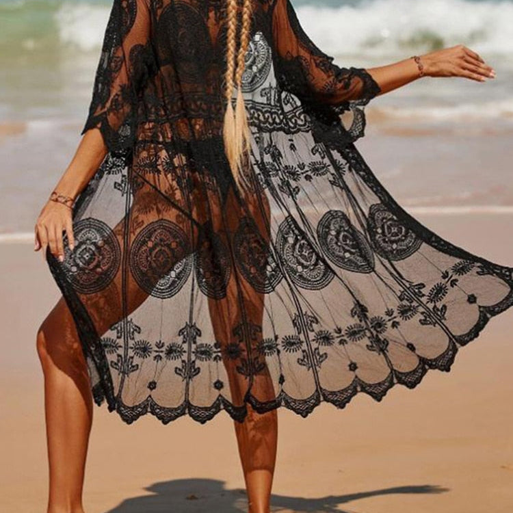 Jastie Bohemian Sexy Beach Bikini Cover Up Tunic Pareo Crochet Lace Women 2022 Summer Holiday Swimwear Sunscreen Cardigan Tops AMAIO