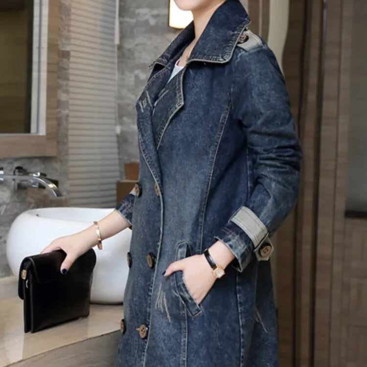 Jean Jacket for Women 2024 Autumn/Winter Lapel Single Breasted Perforated Denim Trench Coat for Women Clothing Top Denim Jacket