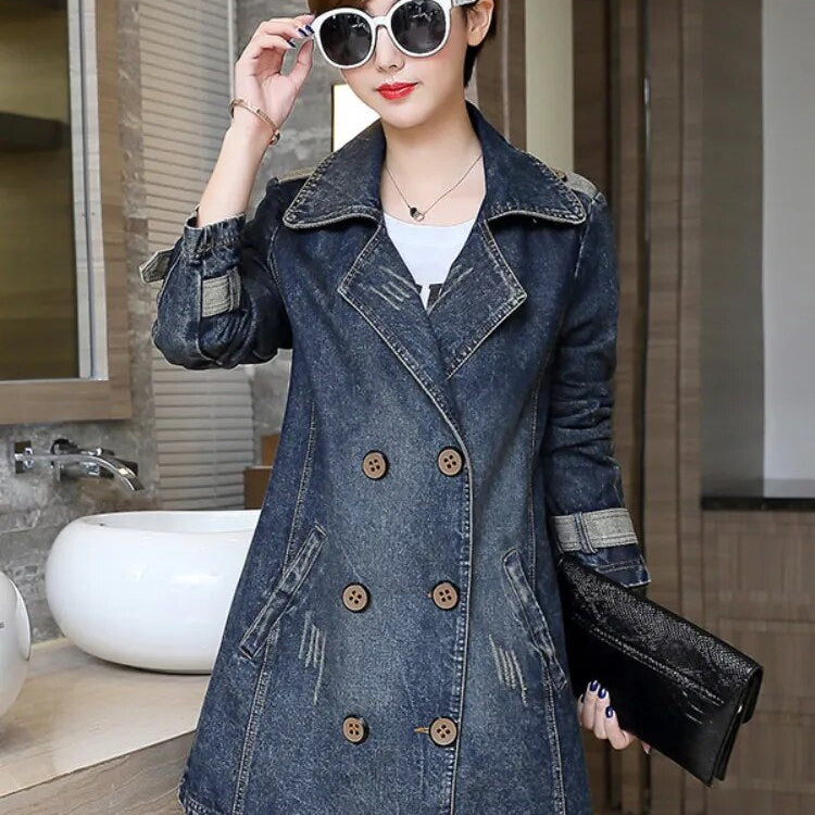 Jean Jacket for Women 2024 Autumn/Winter Lapel Single Breasted Perforated Denim Trench Coat for Women Clothing Top Denim Jacket blue