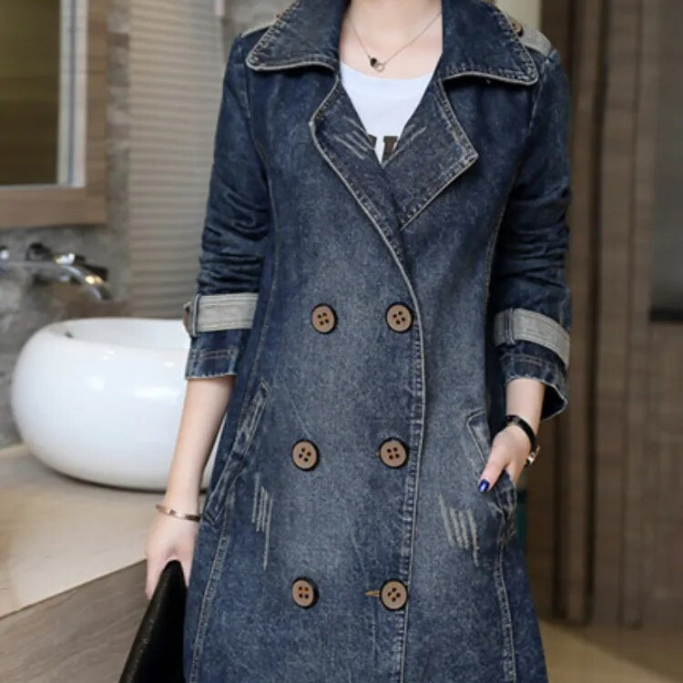 Jean Jacket for Women 2024 Autumn/Winter Lapel Single Breasted Perforated Denim Trench Coat for Women Clothing Top Denim Jacket