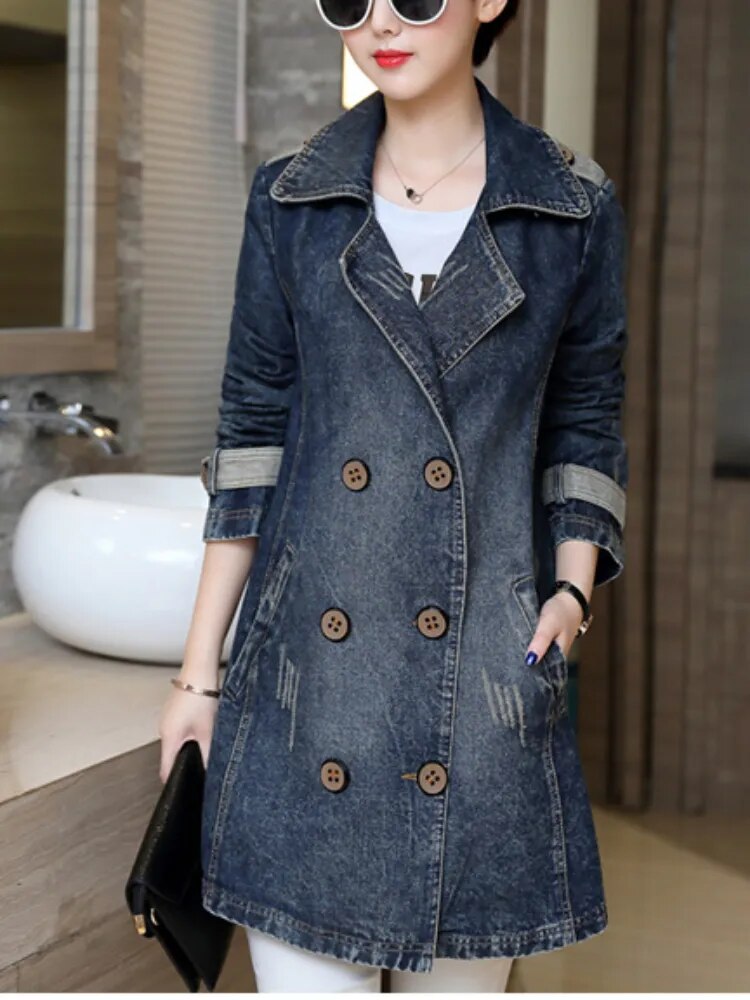 Jean Jacket for Women 2024 Autumn/Winter Lapel Single Breasted Perforated Denim Trench Coat for Women Clothing Top Denim Jacket