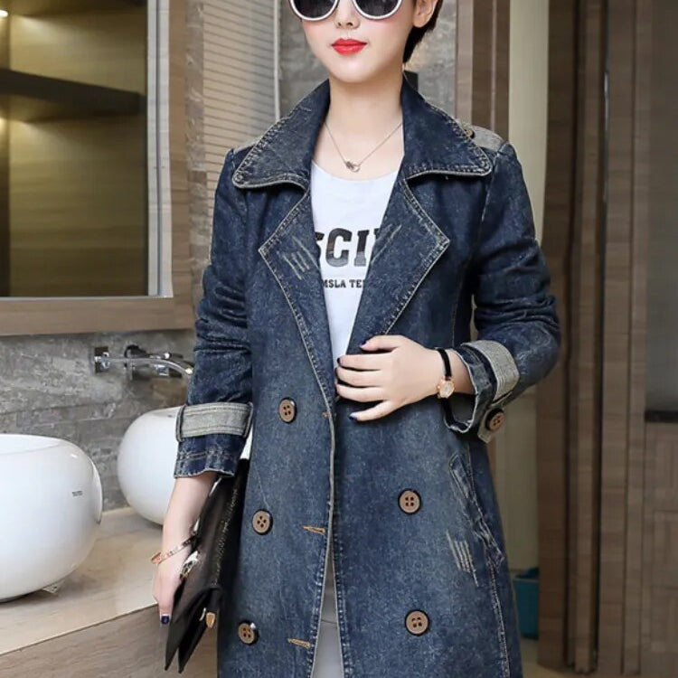 Jean Jacket for Women 2024 Autumn/Winter Lapel Single Breasted Perforated Denim Trench Coat for Women Clothing Top Denim Jacket