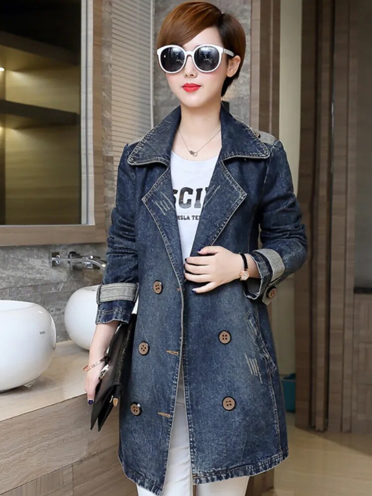 Jean Jacket for Women 2024 Autumn/Winter Lapel Single Breasted Perforated Denim Trench Coat for Women Clothing Top Denim Jacket