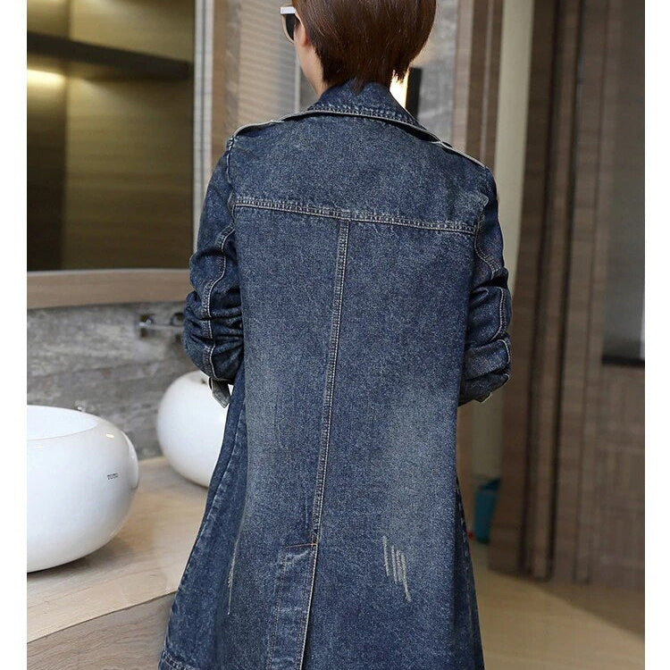 Jean Jacket for Women 2024 Autumn/Winter Lapel Single Breasted Perforated Denim Trench Coat for Women Clothing Top Denim Jacket