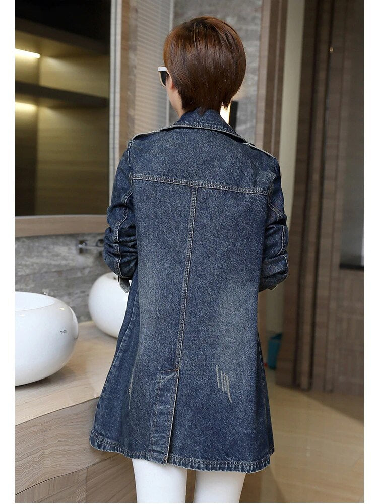 Jean Jacket for Women 2024 Autumn/Winter Lapel Single Breasted Perforated Denim Trench Coat for Women Clothing Top Denim Jacket