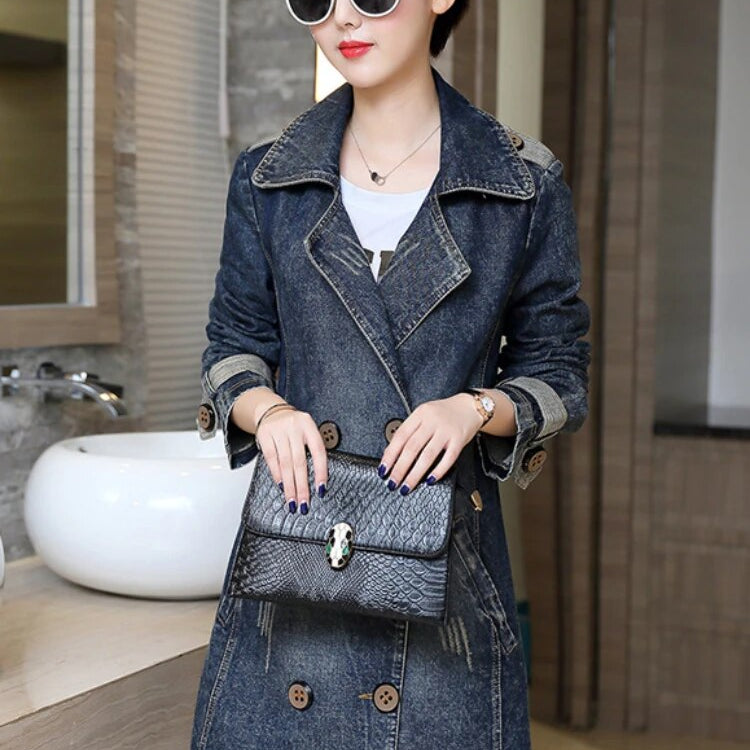 Jean Jacket for Women 2024 Autumn/Winter Lapel Single Breasted Perforated Denim Trench Coat for Women Clothing Top Denim Jacket