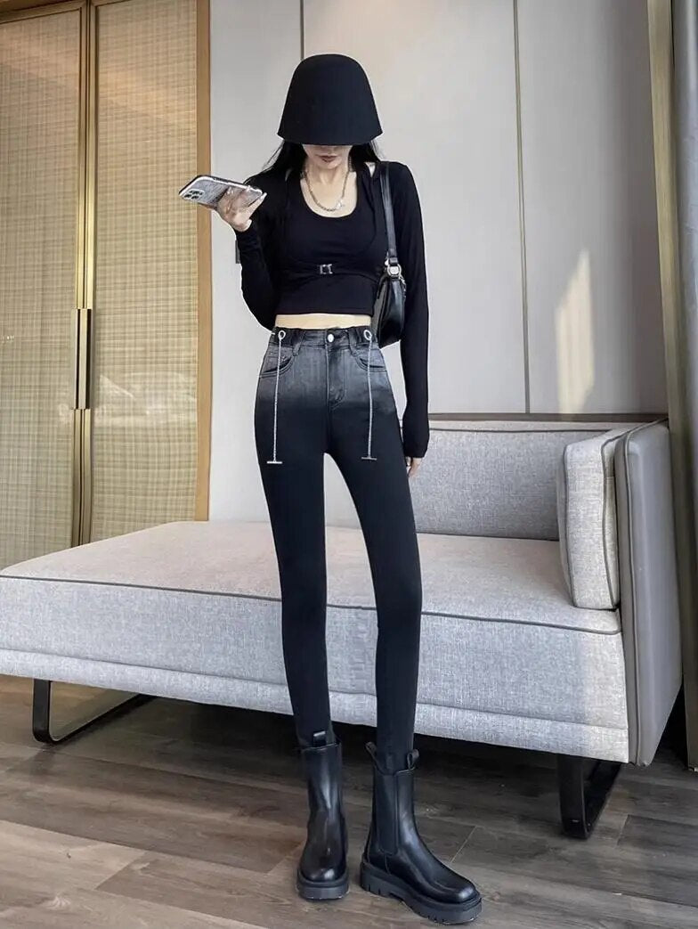 Jeans women spring and autumn winter Y2K 2024 new explosive plus fleece fashion slim slim slim slim pants women traf