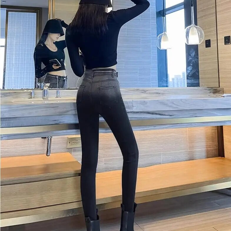 Jeans women spring and autumn winter Y2K 2024 new explosive plus fleece fashion slim slim slim slim pants women traf