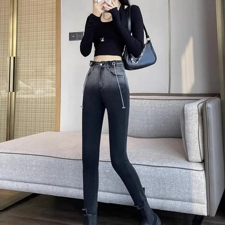 Jeans women spring and autumn winter Y2K 2024 new explosive plus fleece fashion slim slim slim slim pants women traf