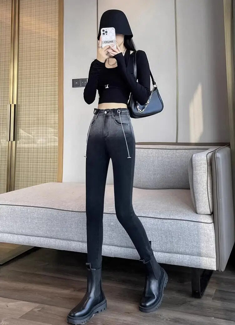 Jeans women spring and autumn winter Y2K 2024 new explosive plus fleece fashion slim slim slim slim pants women traf
