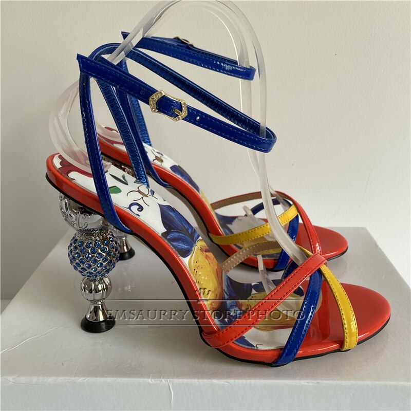 Jeweled Crystal Metal Strange Heel Sandals Women Sexy Cross Narrow Band Printed Flower Color 2024 Summer Banquet Shoes Woman