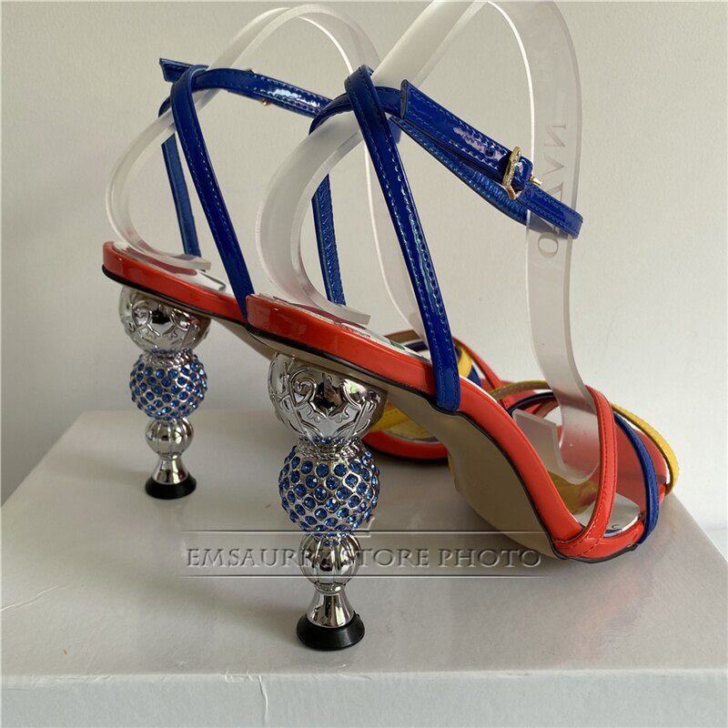 Jeweled Crystal Metal Strange Heel Sandals Women Sexy Cross Narrow Band Printed Flower Color 2024 Summer Banquet Shoes Woman
