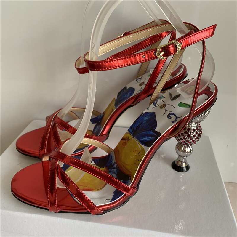 Jeweled Crystal Metal Strange Heel Sandals Women Sexy Cross Narrow Band Printed Flower Color 2024 Summer Banquet Shoes Woman Red