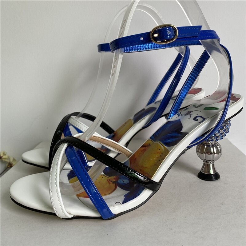 Jeweled Crystal Metal Strange Heel Sandals Women Sexy Cross Narrow Band Printed Flower Color 2024 Summer Banquet Shoes Woman Blue 8cm Heel