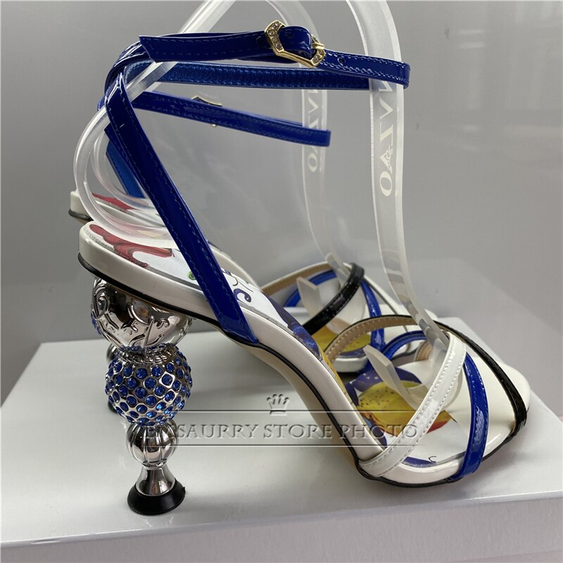 Jeweled Crystal Metal Strange Heel Sandals Women Sexy Cross Narrow Band Printed Flower Color 2024 Summer Banquet Shoes Woman