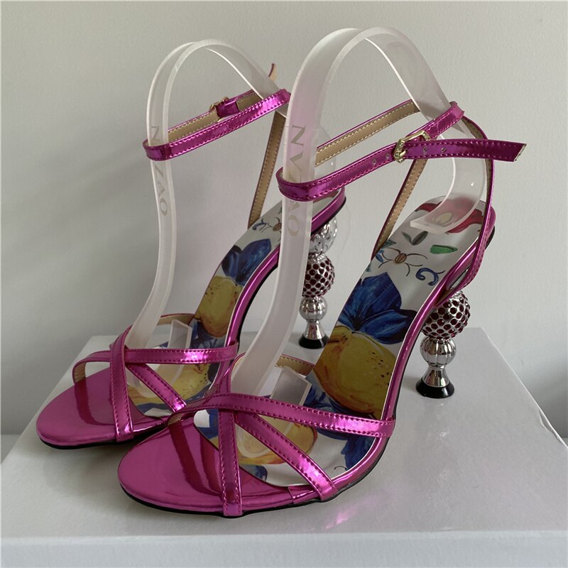 Jeweled Crystal Metal Strange Heel Sandals Women Sexy Cross Narrow Band Printed Flower Color 2024 Summer Banquet Shoes Woman Violet